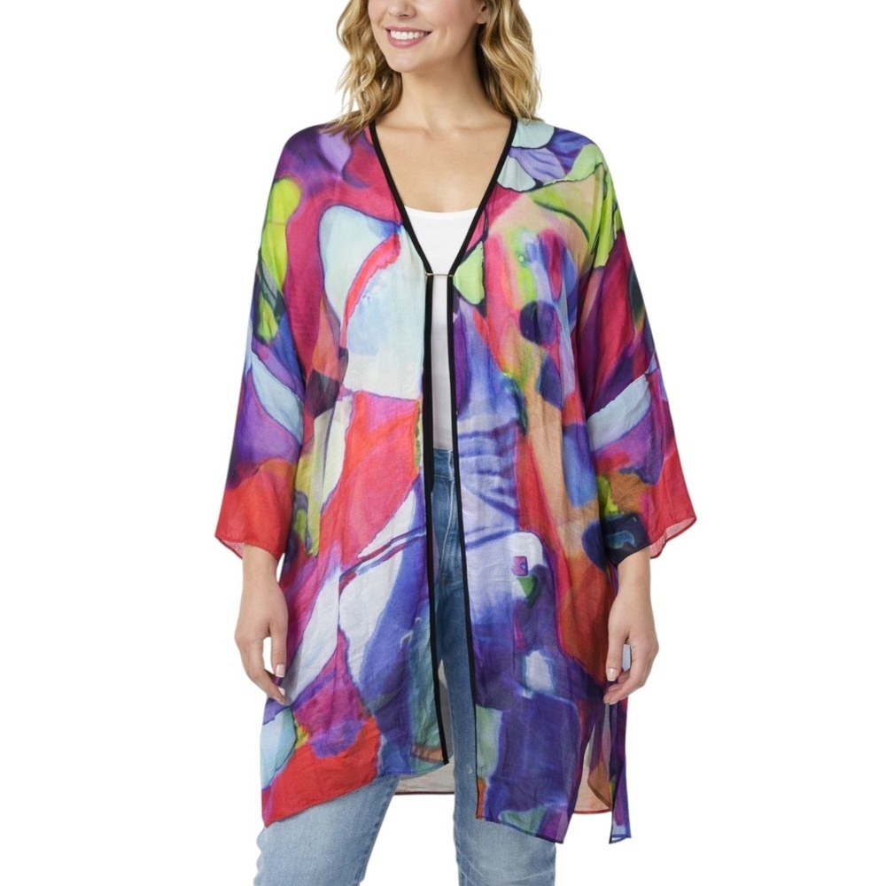 Dilemma Dhun Shroff Abstract Art Tunic Top Rayon Kimono Lagenlook Boho One Size